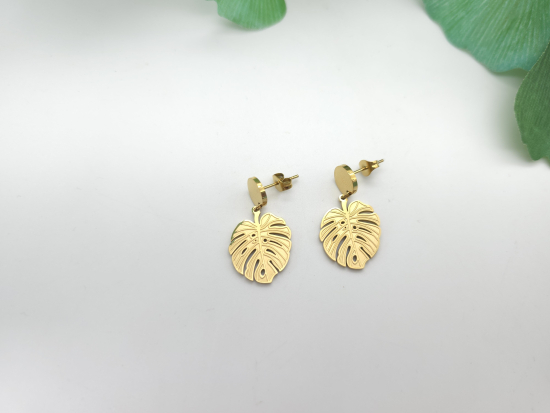 Preview: Monstera Ohrhänger mit Stecker Edelstahl